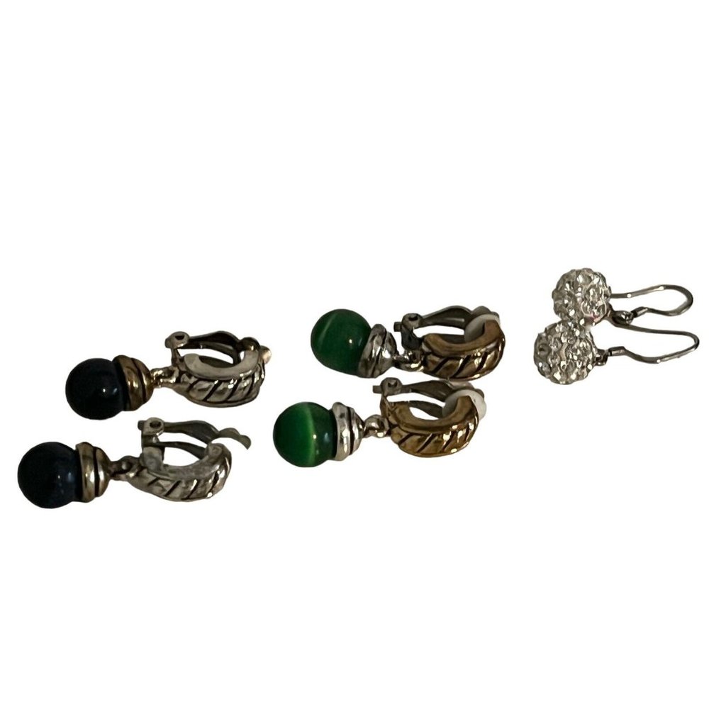 Vintage Silver Gold Tone Costume Lot of 3 Pair Earrings Dangle Disco Ball Green